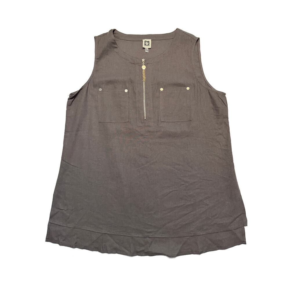 Anne Klein Linen Blend Sleeveless Utility Blouse Zipper Tassel Gray Taupe L